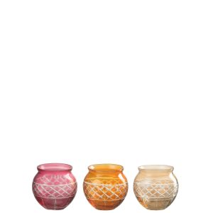 J-Line kaarshouder Rand Bladeren Rond – glas – mix – 3 stuks
