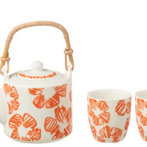 J-Line theepot Bloemen – keramiek – oranje – doos van 3 stuks