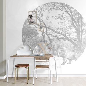 ESTAhome zelfklevende behangcirkel bos met bosdieren grijs – Ø 140 cm ESTAhome zelfklevende behangcirkel bos met bosdieren grijs – Ø 140 cm