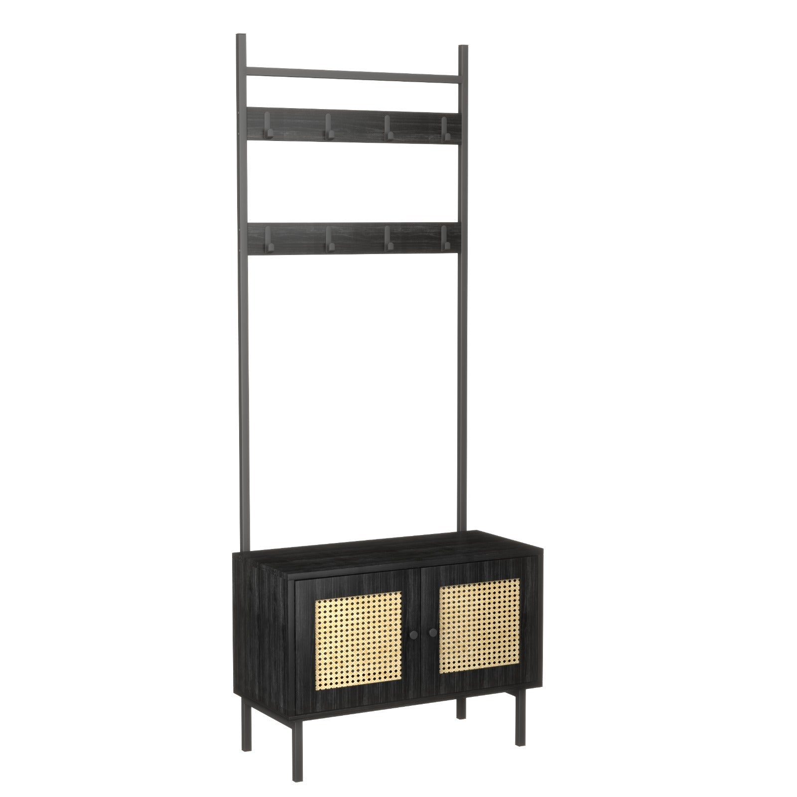 Furnilux Kapstok Ambon – Met Opbergkast & Haken – Zwart met Rattan – 7