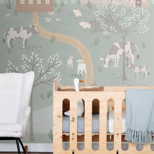 ESTAhome fotobehang boerderij dieren vergrijsd groen – 200 x 279 cm –