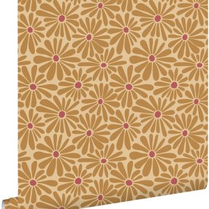 ESTAhome behang madeliefjes okergeel en roze – 53 cm x 10.05 m – 13115