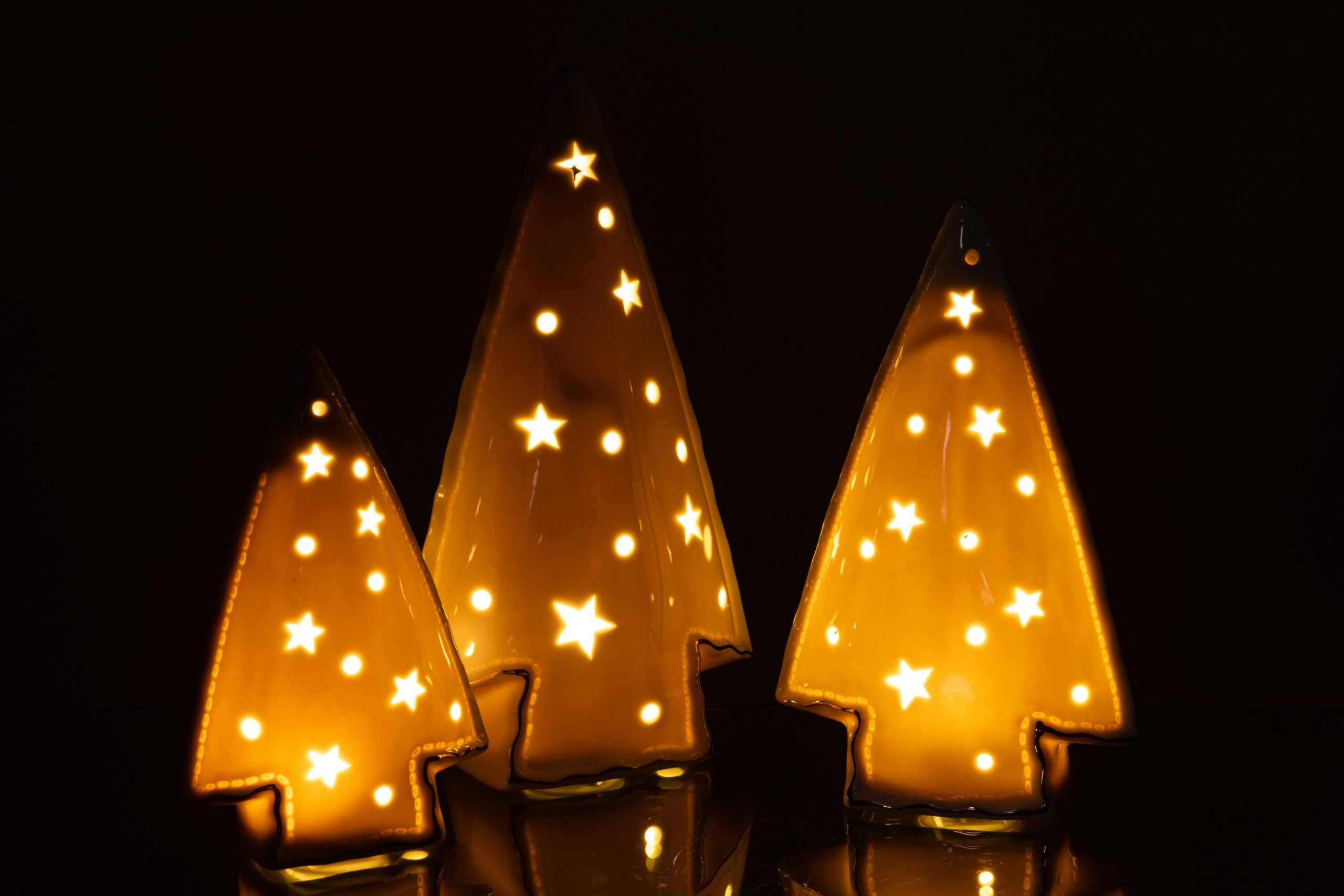J-Line decoratie Kerstboom - keramiek - wit - set van 3 - LED