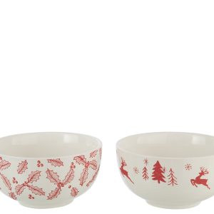 J-Line schaal Dolomiet – keramiek – wit/kerstrood – 2 stuks J-Line schaal Dolomiet – keramiek – wit/kerstrood – 2 stuks