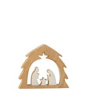 J-Line decoratie Kerststal Boom – hout – wit/naturel – small
