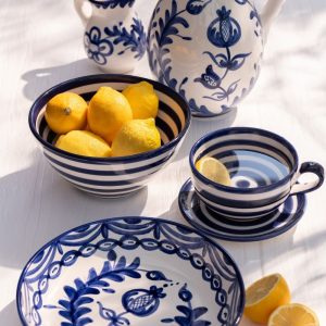 J-Line kopje + schoteltje Granada Stripes – keramiek – wit/geel