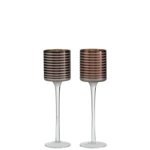 J-Line theelichthouder op voet Strepen – glas – bruin – small – 2 stuk