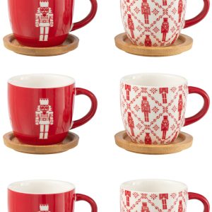 J-Line koffietas + schoteltje Notenkraker – bambou/keramiek – rood – g J-Line koffietas + schoteltje Notenkraker – bambou/keramiek – rood – g