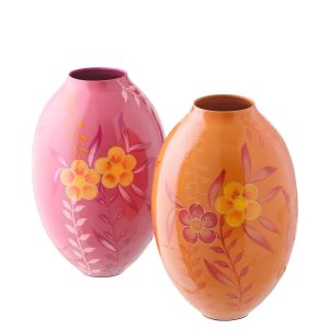 J-Line vaas Bloemen – metaal – roze/oranje – large – set van 2