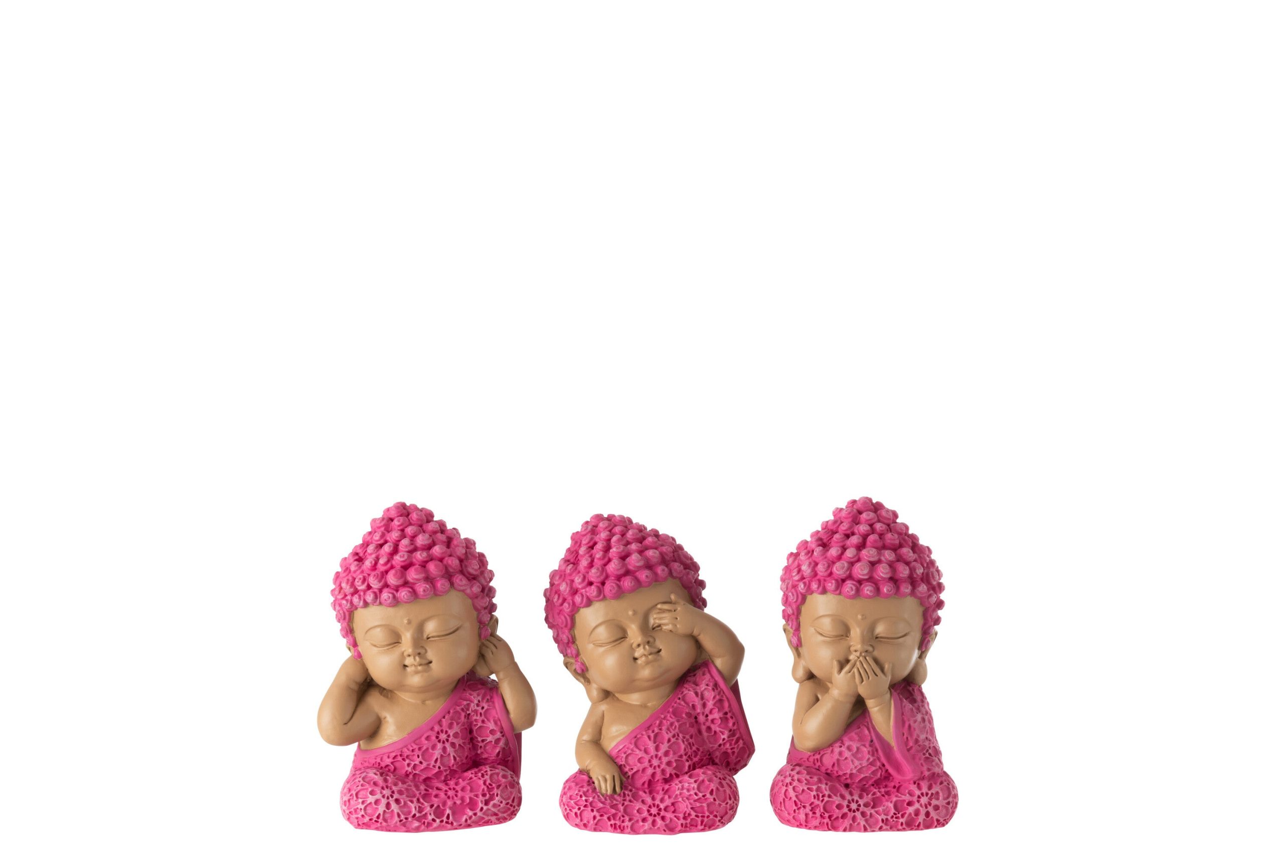 J-Line figuur Monnik Horen/Zien/Zwijgen - polyresin - roze - 3 stuks