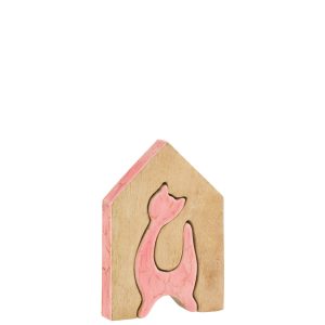 J-Line decoratie Huis Kat – hout – roze/naturel – medium