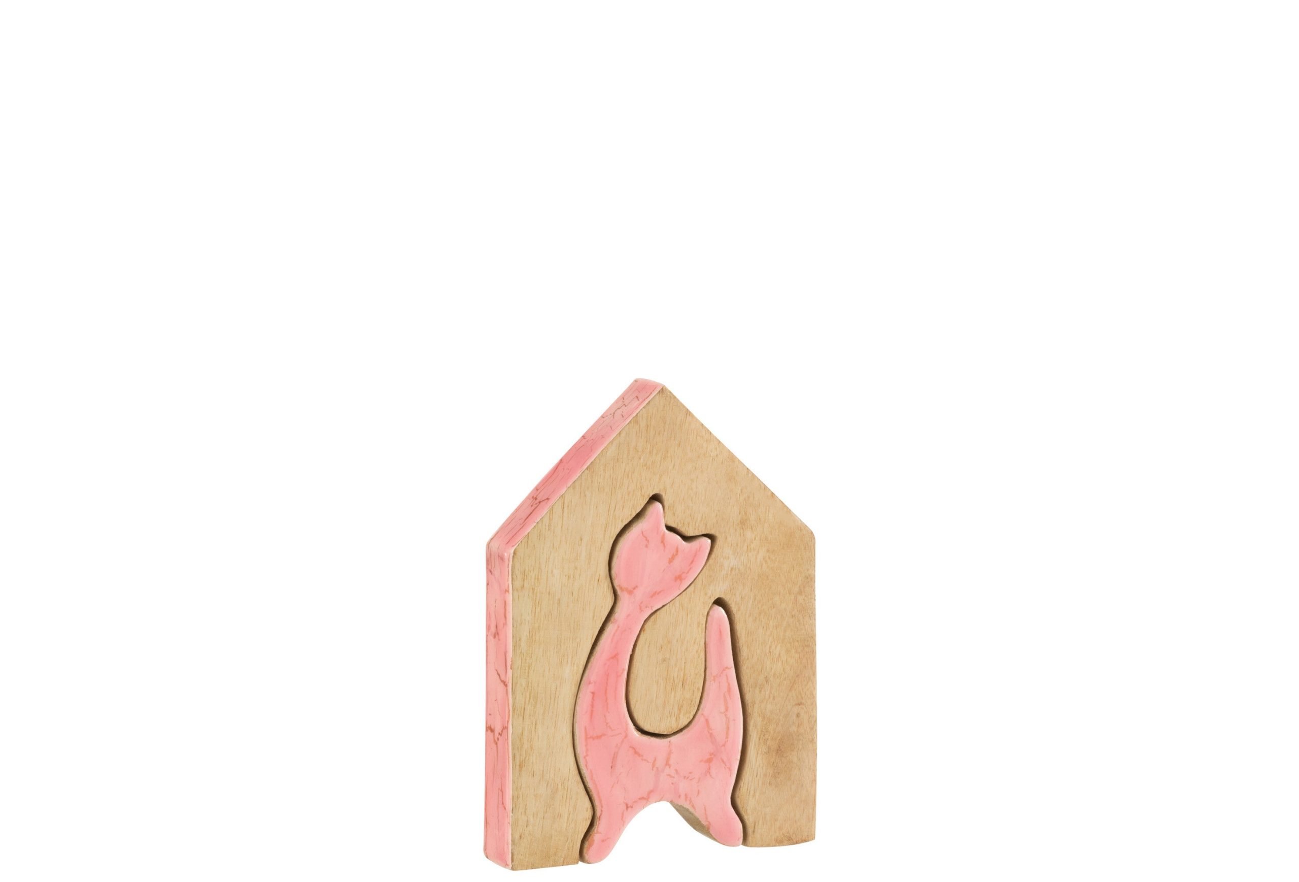 J-Line decoratie Huis Kat - hout - roze/naturel - medium