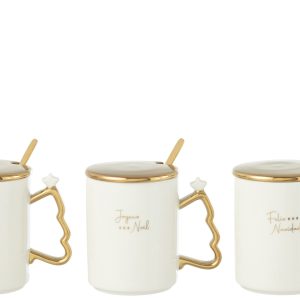 J-Line kop + lepeltje Kerst – keramiek – wit/goud – 3 stuks