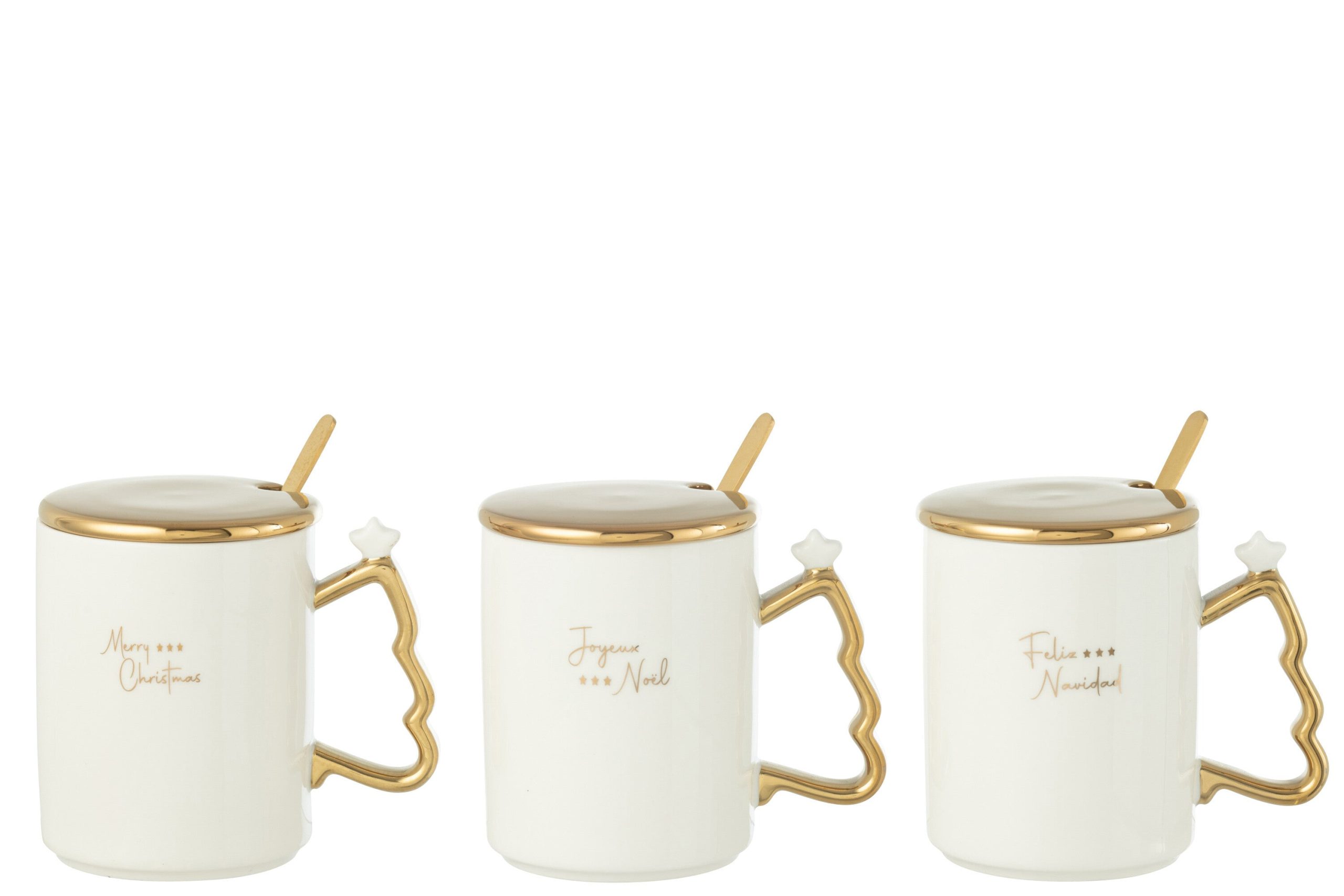 J-Line kop + lepeltje Kerst - keramiek - wit/goud - 3 stuks