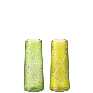 J-Line vaas Bladeren – glas – groen – small – 2 stuks – 15 cm hoog