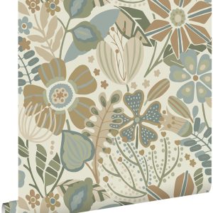 ESTAhome behang bloemmotief beige, blauw en groen – 53 cm x 10.05 m –