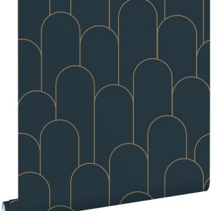 ESTAhome behang art deco motief donkerblauw en goud – 53 cm x 10.05 m