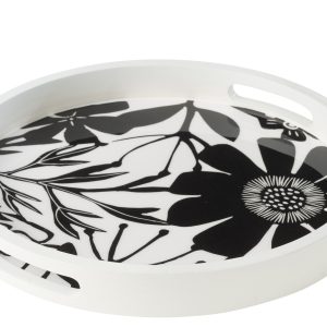 J-Line plateau Rond met Handvaten Bloemen – hout – zwart/wit J-Line plateau Rond met Handvaten Bloemen – hout – zwart/wit