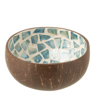 J-Line kom Kokosnoot Mozaiek Kokosnoot + Schelp – bamboe – blauw – 2 s