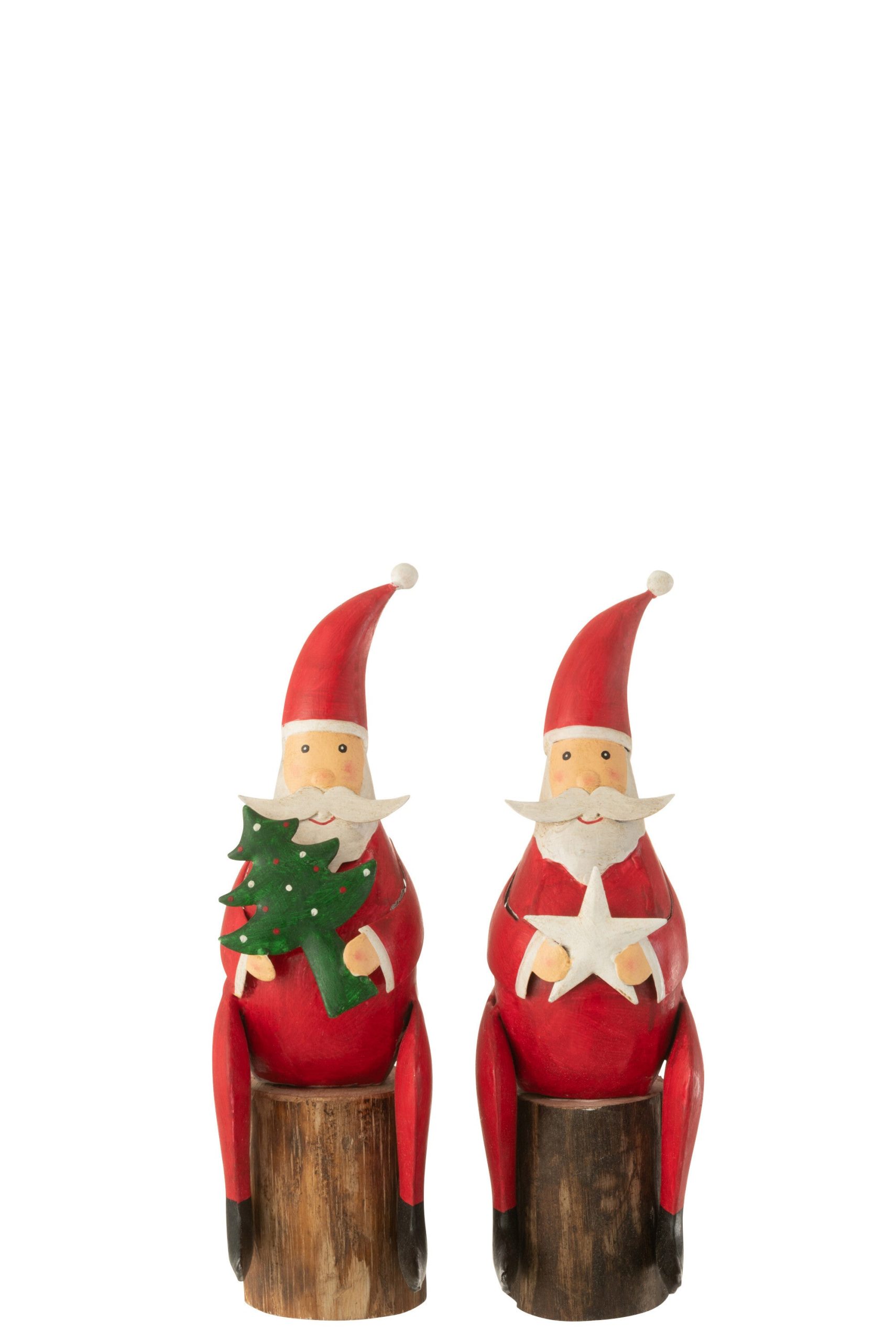 J-Line figuur Kerstman Boom Ster Op Voet - ijzer/hout - rood - 2 stuks