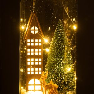 J-Line Decoratieve stolp Huis Kerst – glas/hout – bruin/groen – large