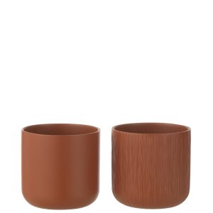 J-Line bloempot Gen – keramiek – bruin – medium – 2 stuks – Ø 15 cm