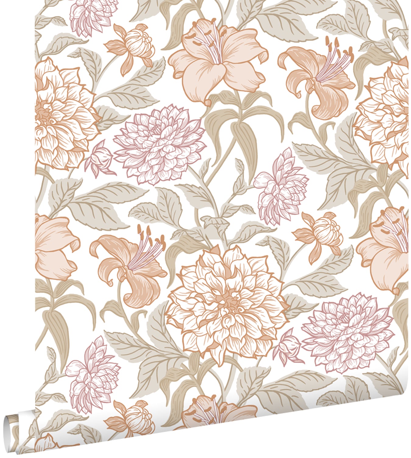 ESTAhome behang vintage bloemen terracotta en vergrijsd groen - 53 cm