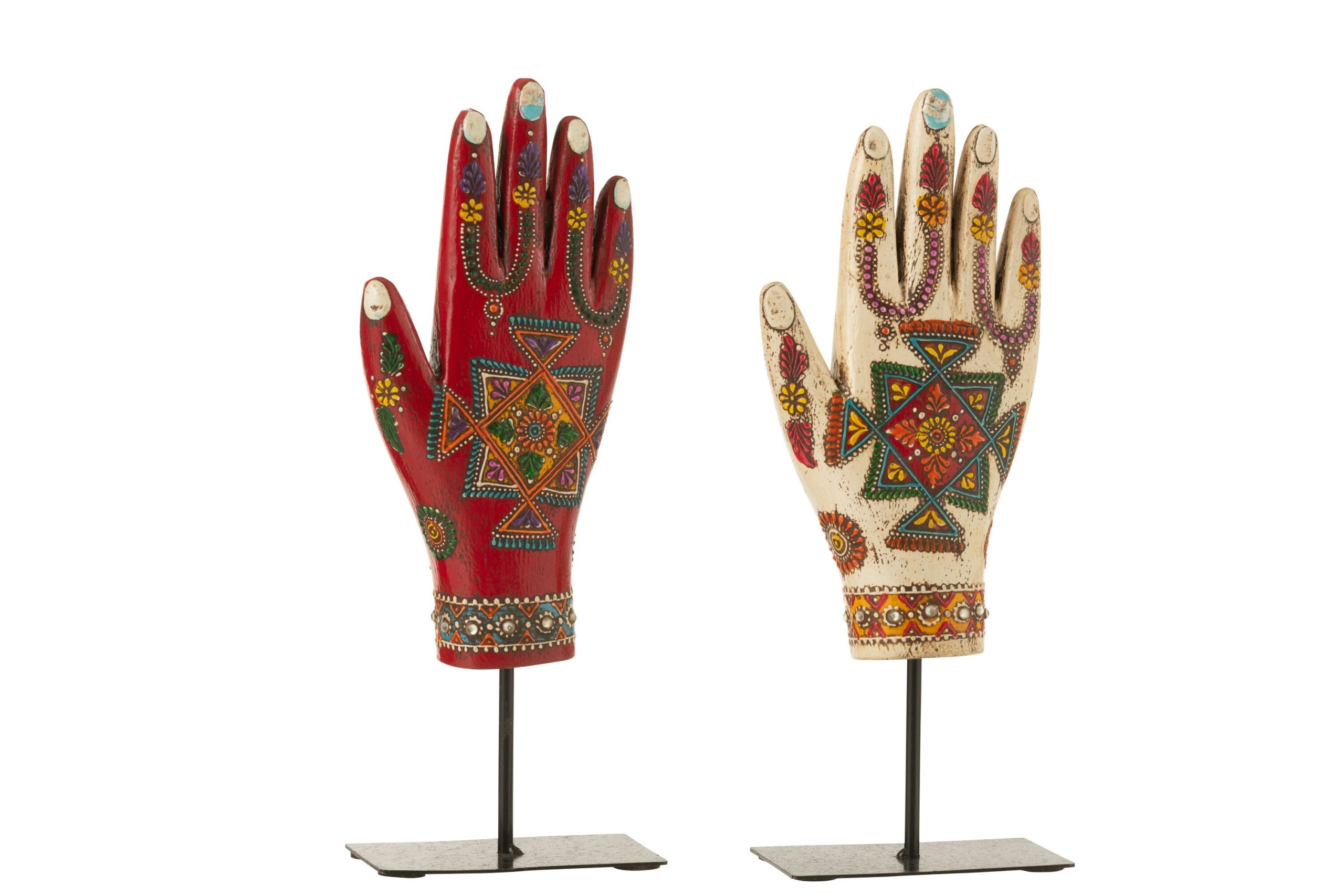 J-Line decoratie Hand Op Staander Delhi - hout - mix - 2 stuks