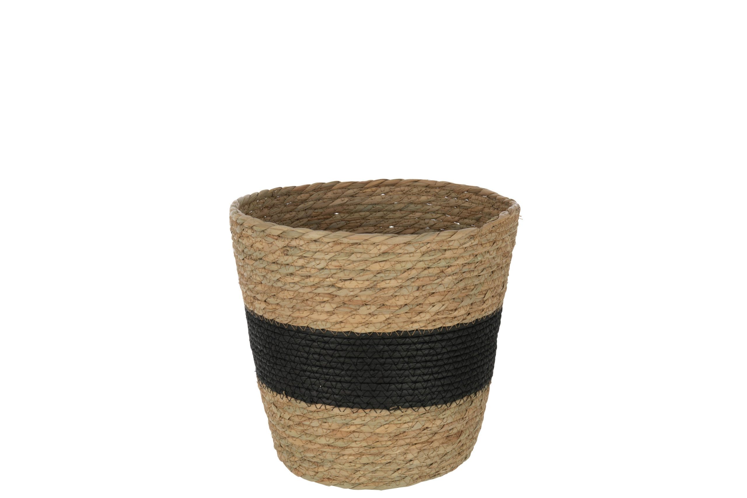 J-Line mand Rond Met Streep + Handvat - riet - naturel/zwart