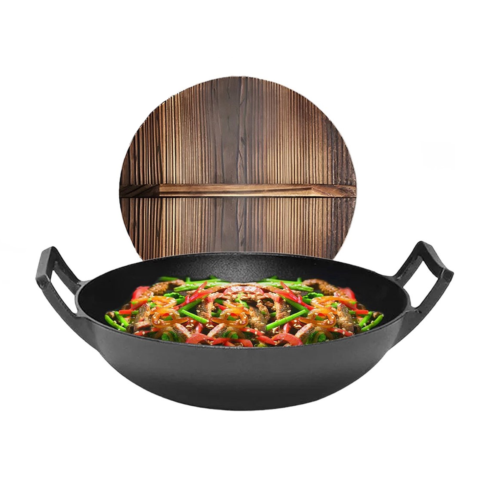 GrillX Wokpan Gietijzer - Met Houten Deksel - Ø 36cm - Gietijzeren Wad