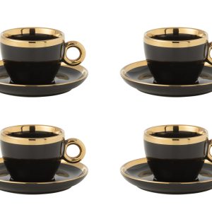J-Line kop + schoteltje – keramiek – goud/zwart – doos van 4