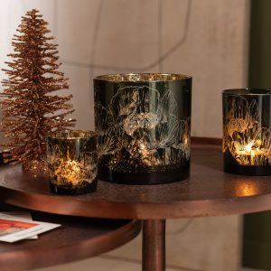 J-Line windlicht Bloemen – glas – kaki groen – small – 2 stuks