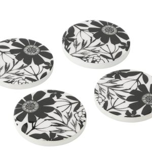 J-Line onderzetter Bloemen – hout – zwart/wit – set van 4