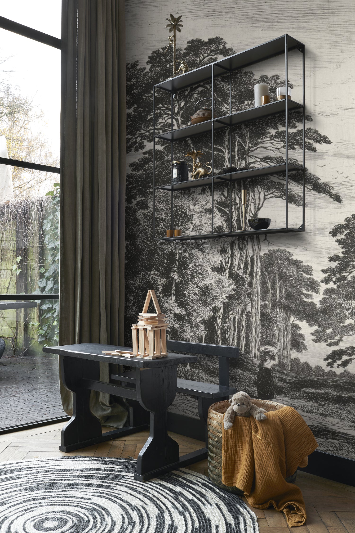 ESTAhome fotobehang bosrijk landschap zwart wit - 186 x 279 cm - 15888