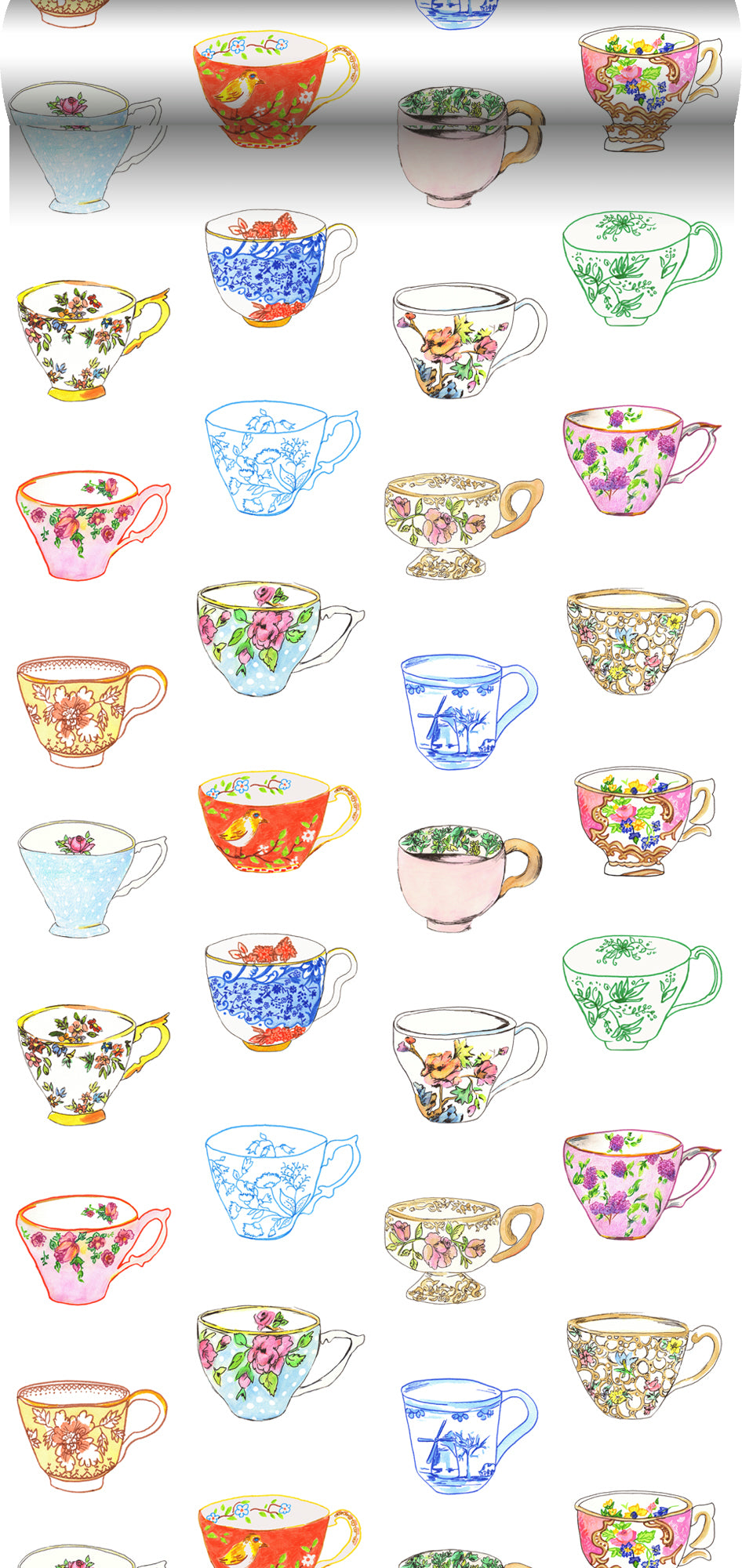 ESTAhome XXL behang painted teacups meerkleurig - 50 x 900 cm - 158110