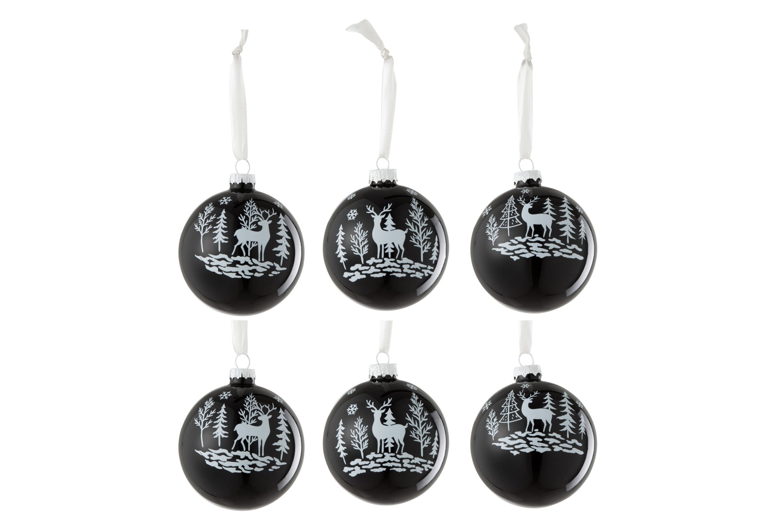 J-Line kerstbal Rendier - glas - zwart/wit - doos van 6