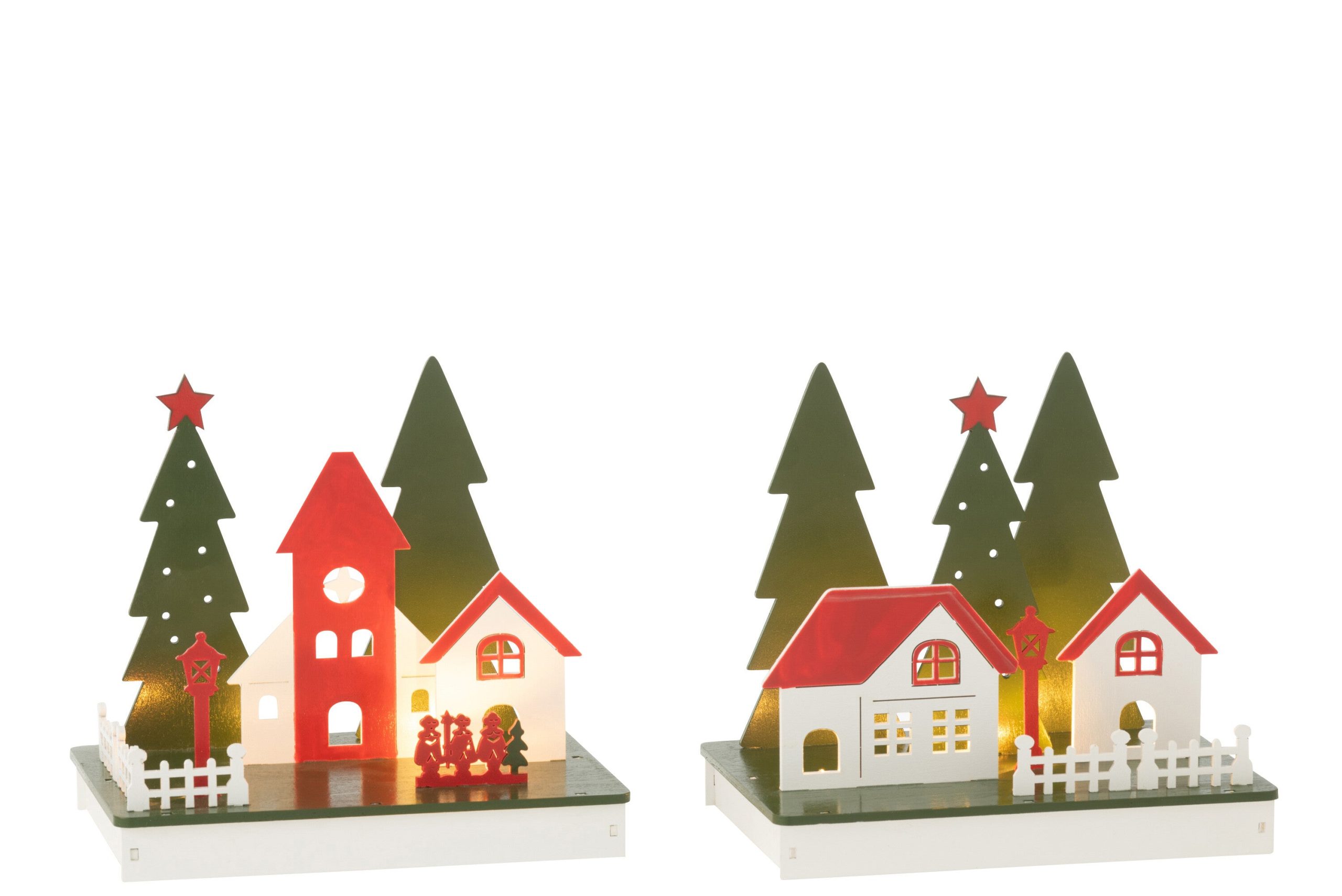 J-Line decoratie Winter Huis - hout - mix - 2 stuks - LED lichtjes