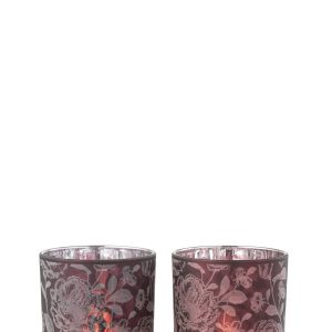 J-Line windlicht Bloemen – glas – paars/zilver – medium – 2 stuks
