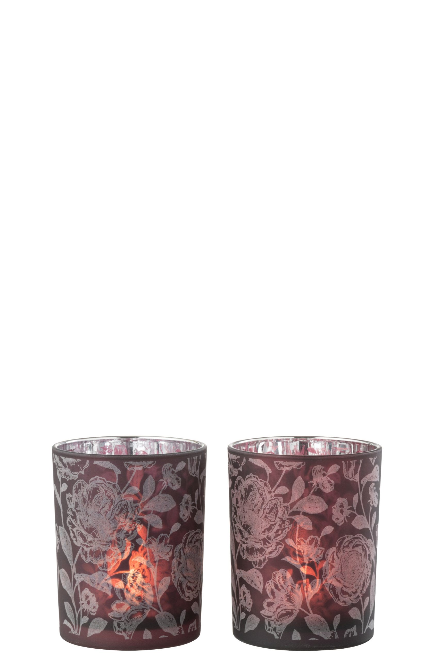 J-Line windlicht Bloemen - glas - paars/zilver - medium - 2 stuks