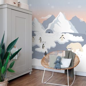 ESTAhome fotobehang ijsberen, pinguins en zeehonden in de sneeuw blauw ESTAhome fotobehang ijsberen, pinguins en zeehonden in de sneeuw blauw