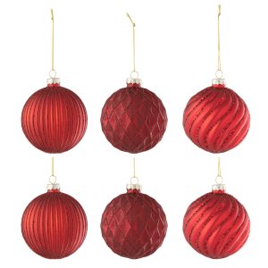 J-Line kerstbal Geribbeld & Geruit – glas – rood – small – doos van 6