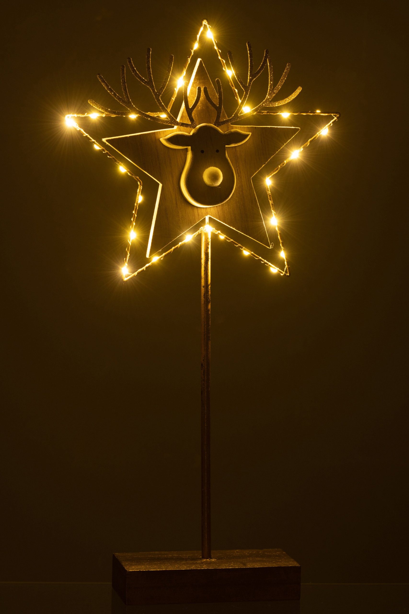 J-Line kerstdecoratie Rendier/Ster op voet - hout - goud/wit - large -