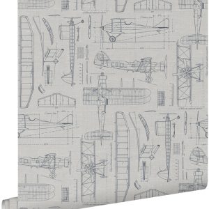 ESTAhome behang constructietekeningen van vliegtuigen taupe en grijsbl ESTAhome behang constructietekeningen van vliegtuigen taupe en grijsbl