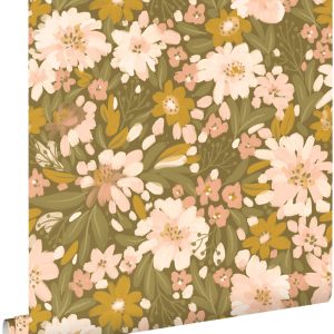 ESTAhome behang bloemen vergrijsd olijfgroen, licht roze en mosterdgee ESTAhome behang bloemen vergrijsd olijfgroen, licht roze en mosterdgee