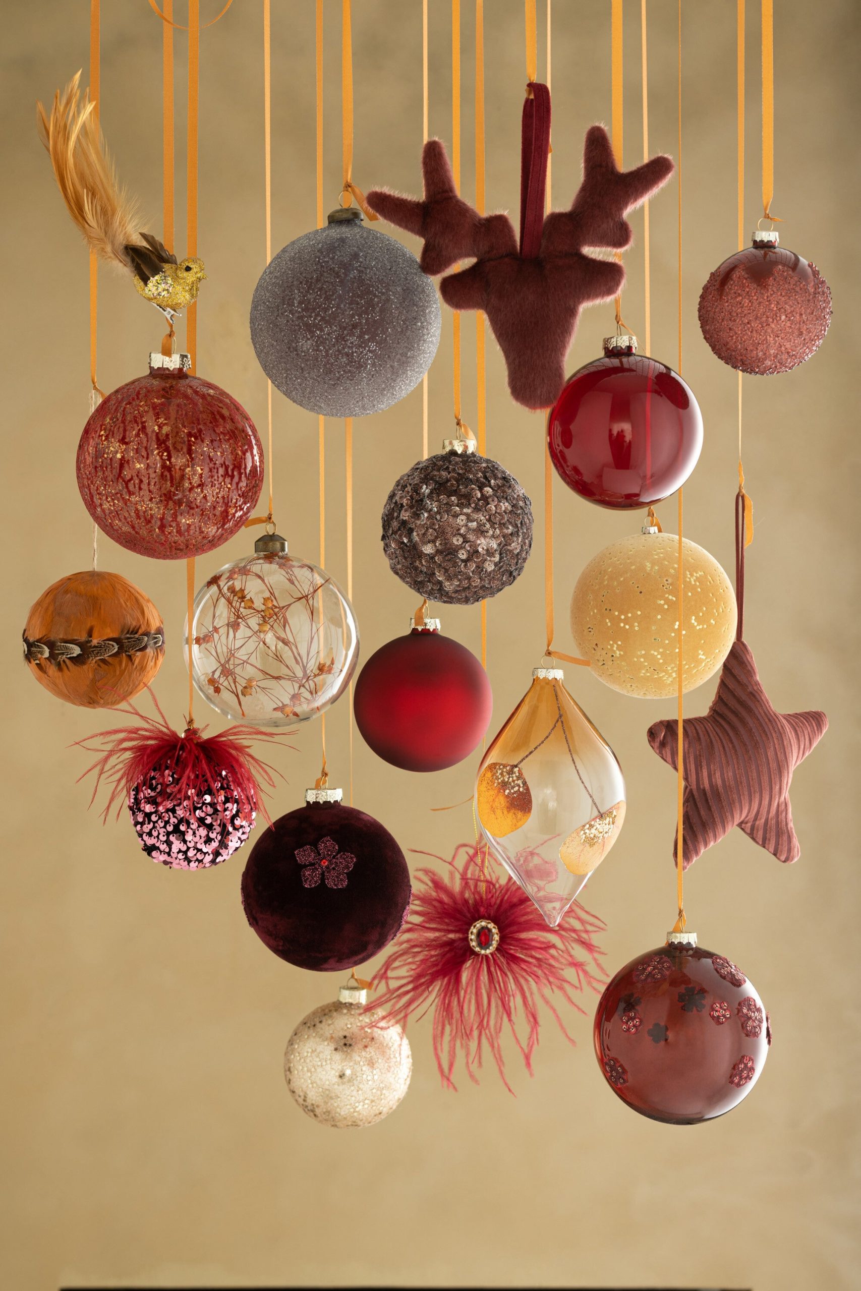 J-Line kerstbal Druppel Gedroogd Blad Oker + Glitter - glas - transpar