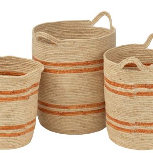 J-Line mand Strepen + Handvat – textiel – naturel/oranje – set van 3 J-Line mand Strepen + Handvat – textiel – naturel/oranje – set van 3