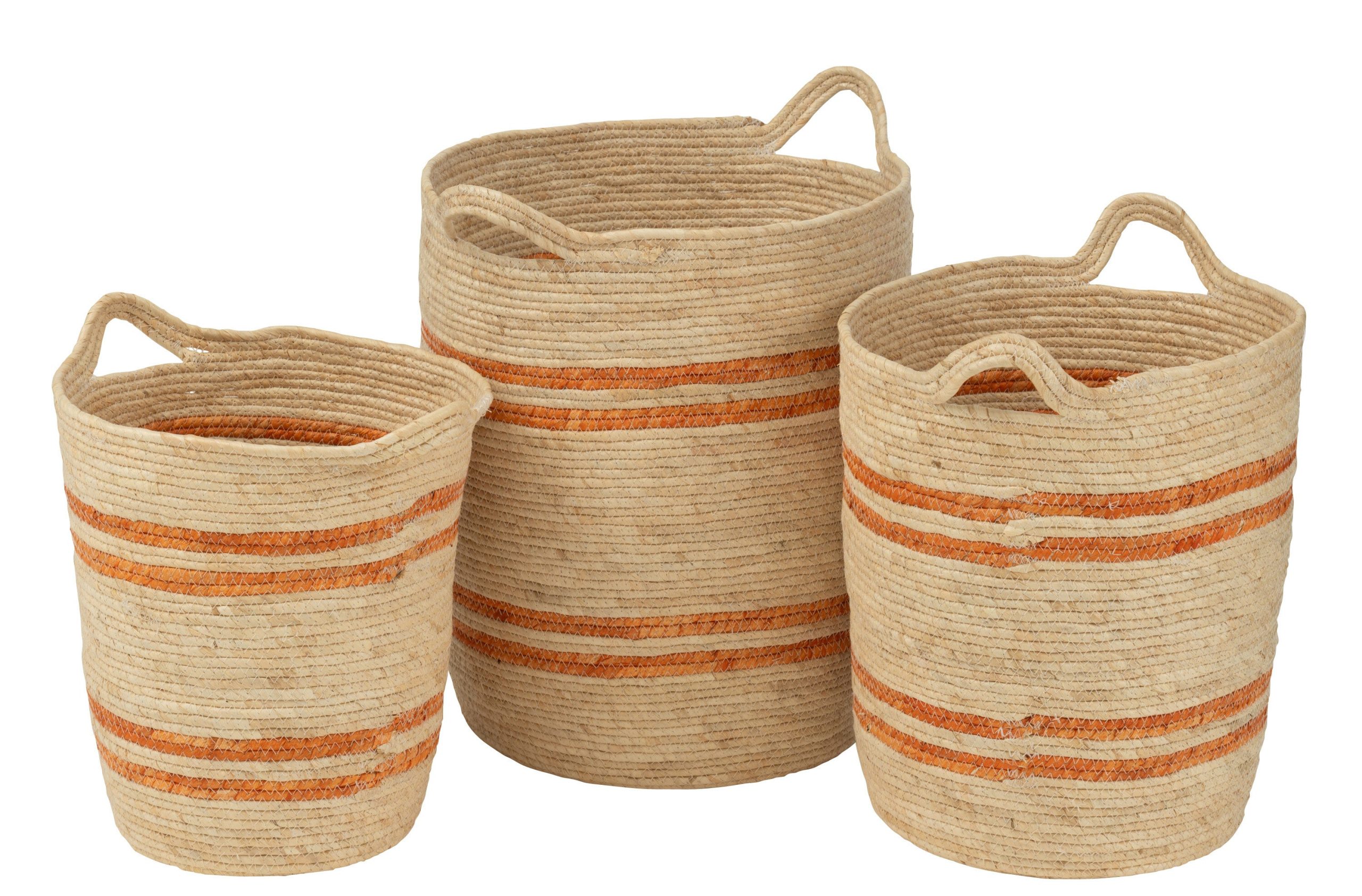 J-Line mand Strepen + Handvat - textiel - naturel/oranje - set van 3