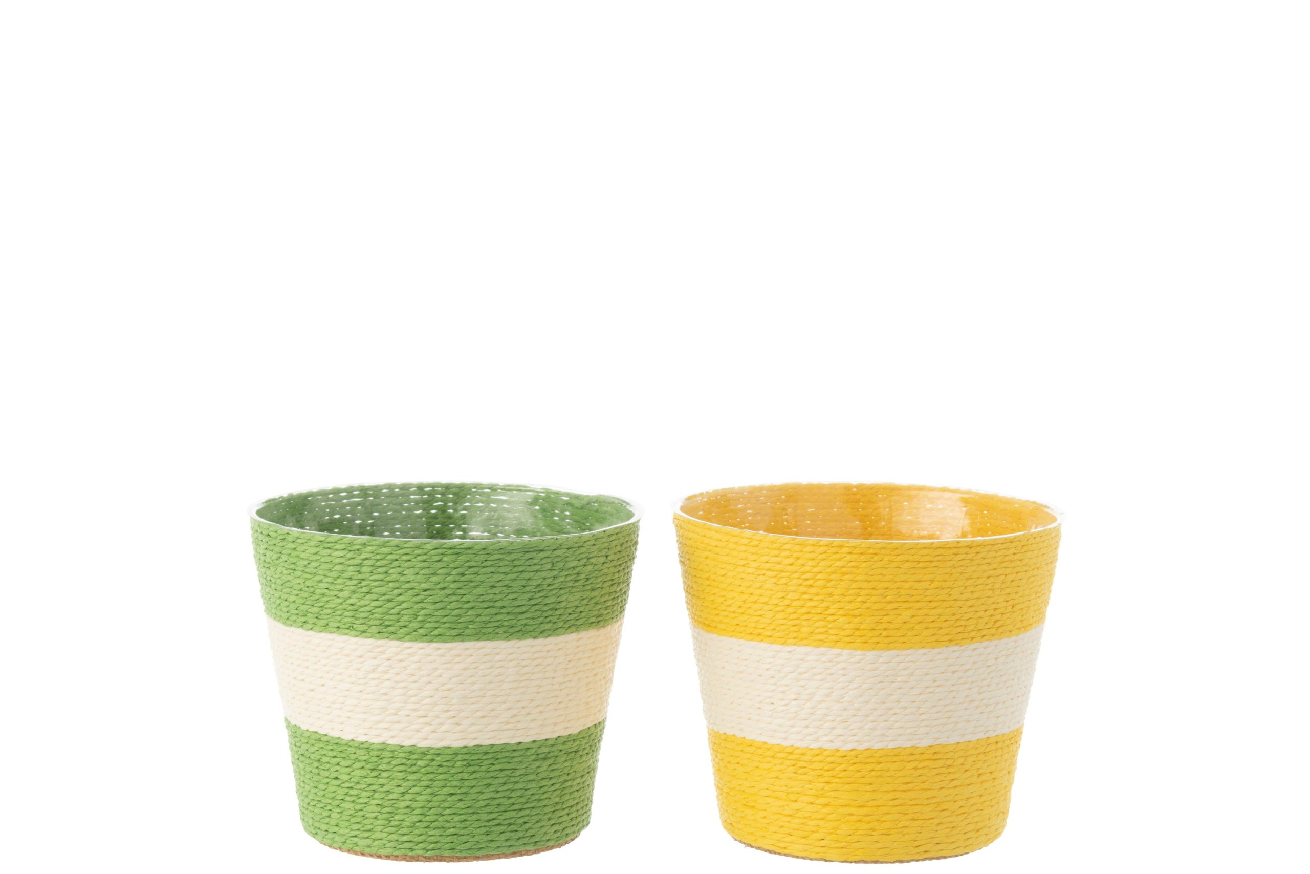 J-Line bloempot Touwtjes Streep - papier - geel/groen - medium - 2 st.