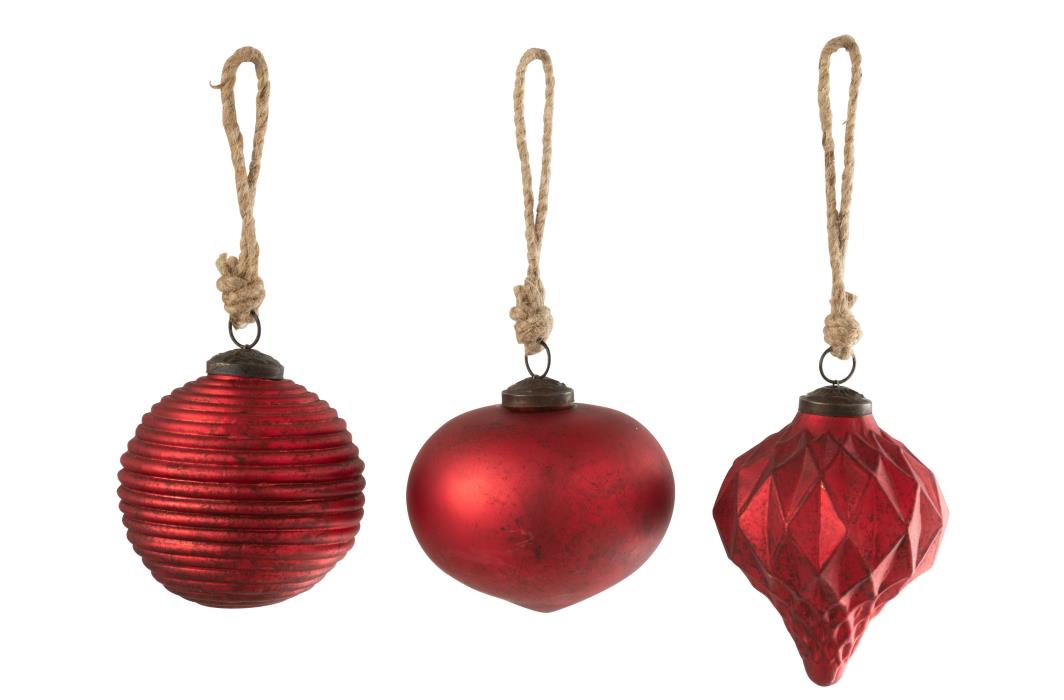 J-Line kerstbal Geoxideerd - glas - rood - set van 3