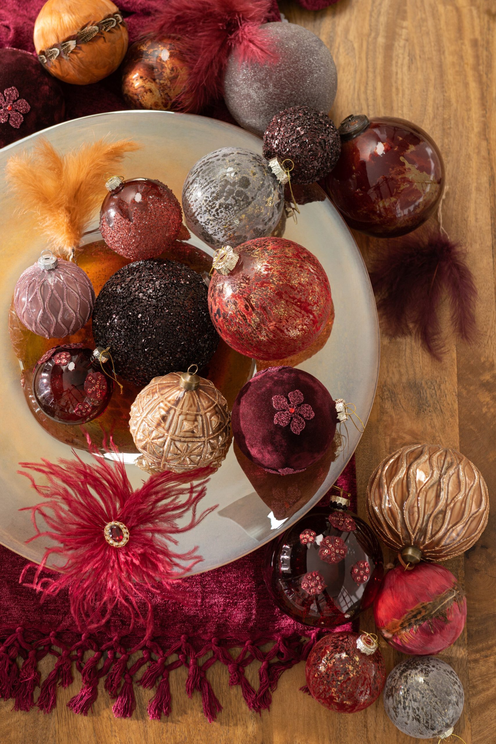 J-Line kerstbal - fluweel/glas - grijs/goud - small - doos van 6